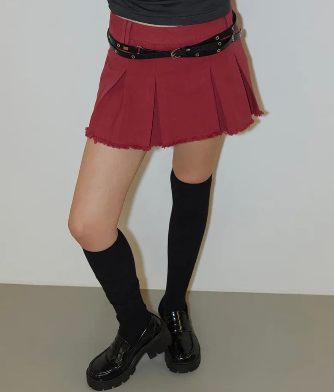 Rense 렌세 Cut Off Pleated Skirt Pants Red 상품이미지1