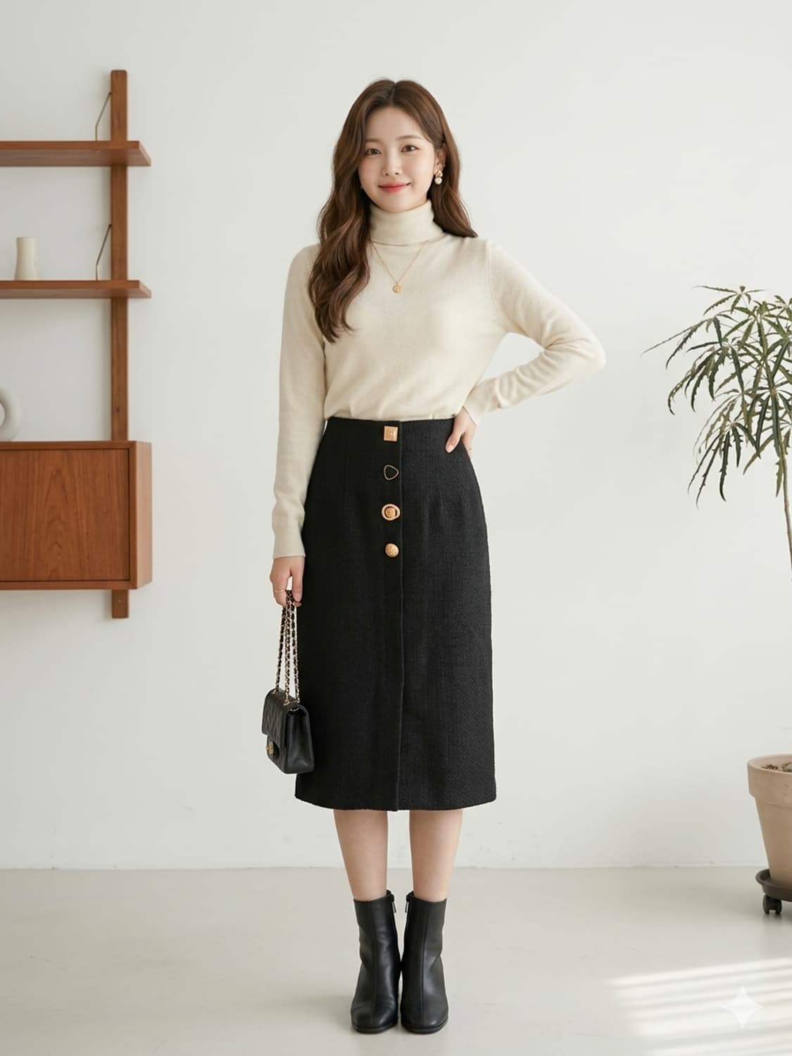 칼라거펠트 파리스 블랙 트위드 버튼 미디 스커트 상품이미지1