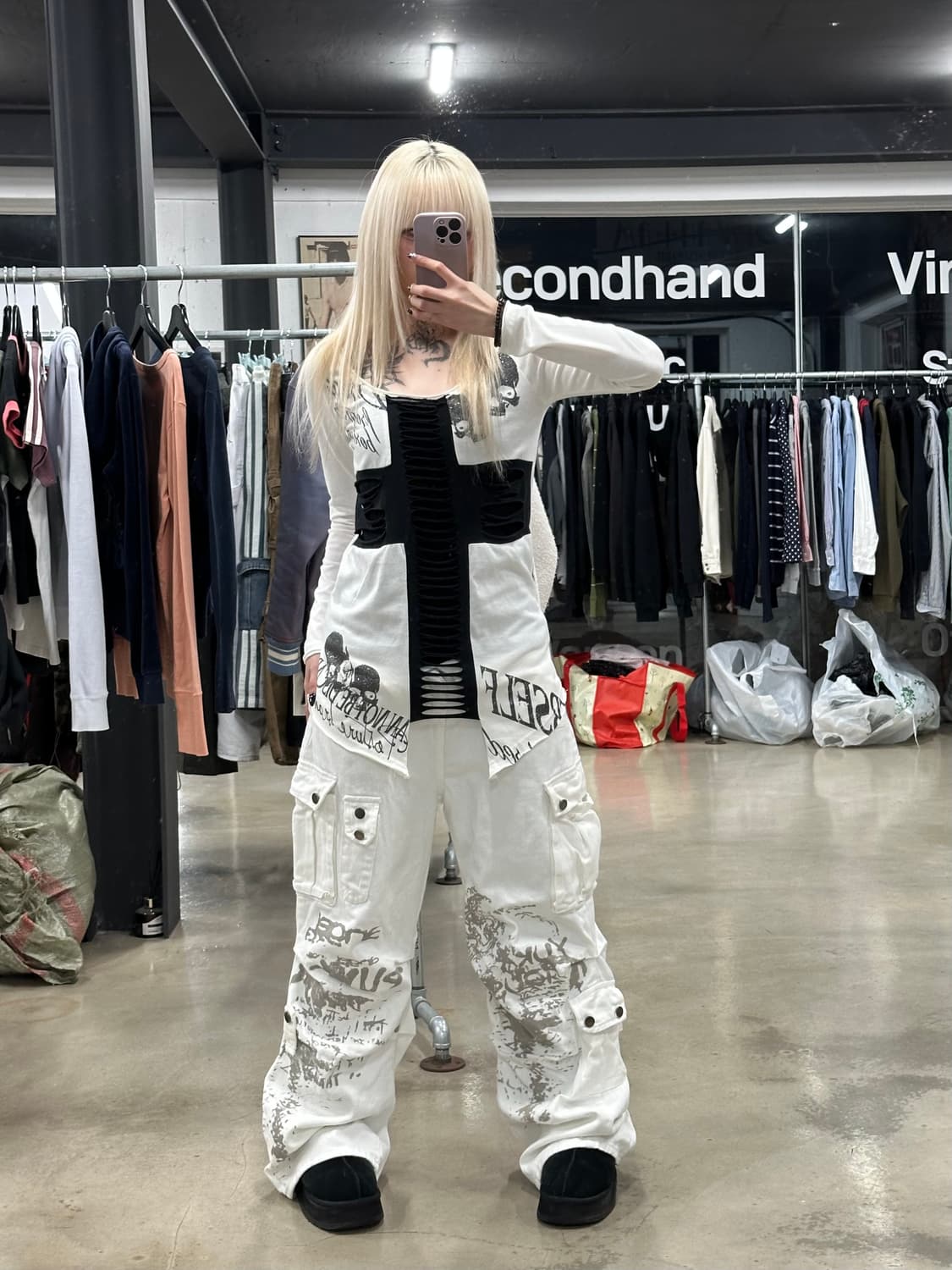 고스트 오브 할렘 펑크 Y2K 갸루 스컬 십자가 컷아웃 절개 롱슬리브 긴 상품이미지2