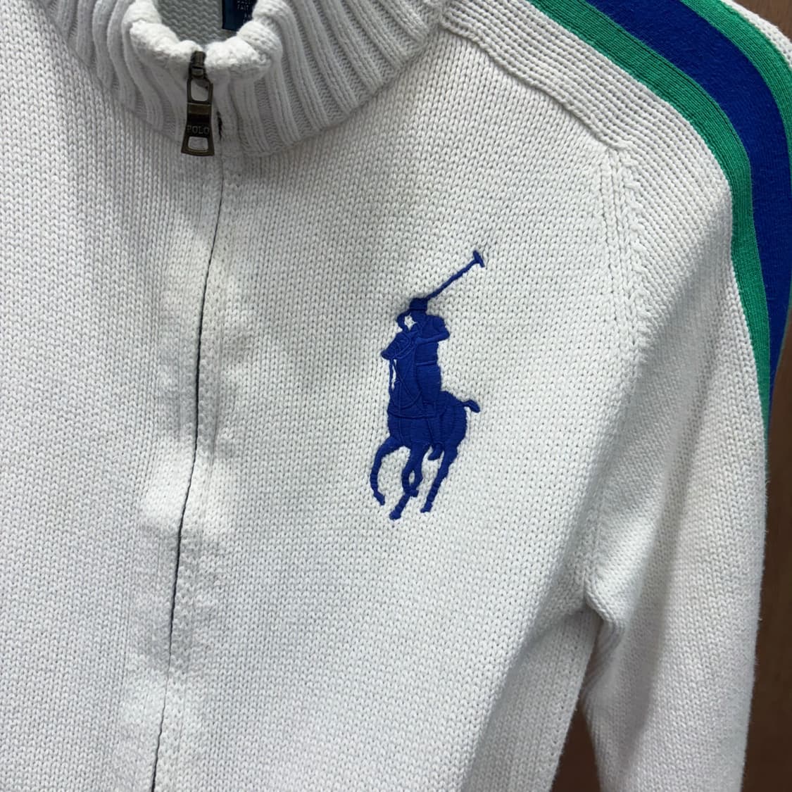 폴로 랄프로렌 니트 집업 가디건 라인 배색 스트라이프 자수 디테일 화이트 상품이미지6