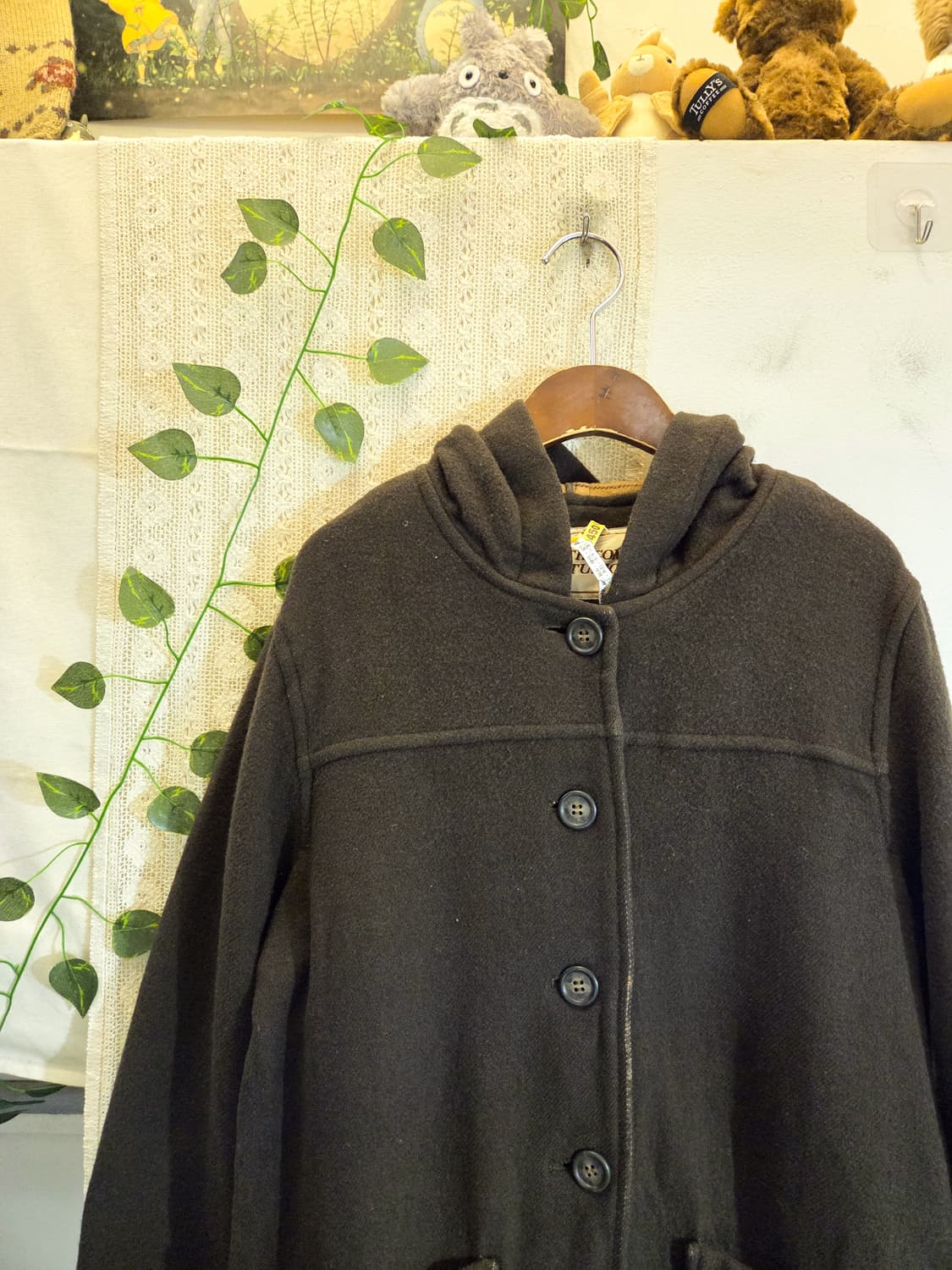 체크 배색 카키 후드 코트 상품이미지2