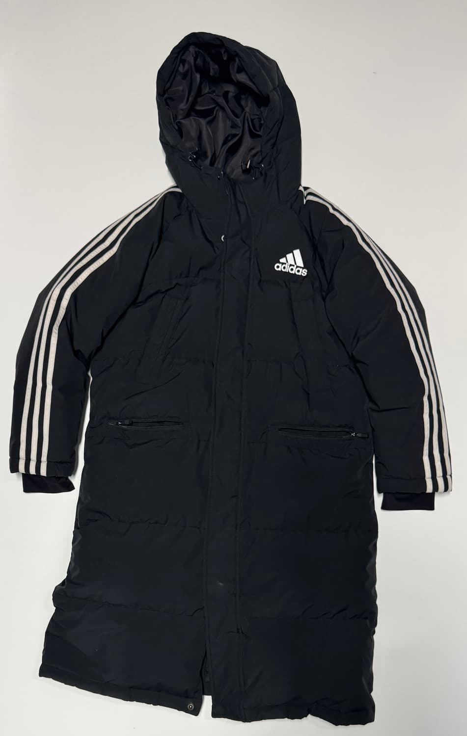 여성 아디다스 삼선 후드 다운 롱패딩 150 블랙 상품이미지1