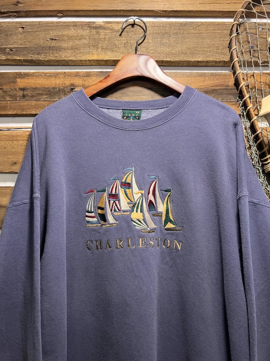 [XL]90's Made in USA 요트 자수 디테일 라벤더 스웻셔츠 상품이미지1