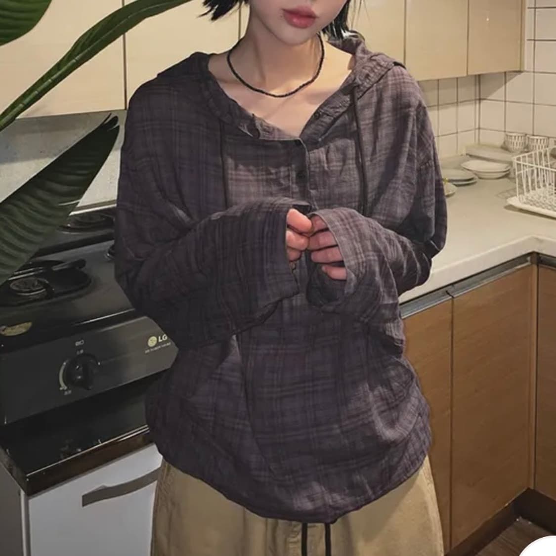 새상품) 체크 후드 (포켓 빈티지 스트링 버튼 셔츠 에이블리 보세) 상품이미지1