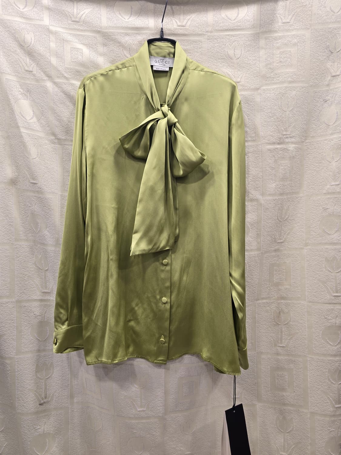 새상품) 구찌 GUCCI 유니폼 리본 블라우스 올리브 그린 실크 36(S 상품이미지1