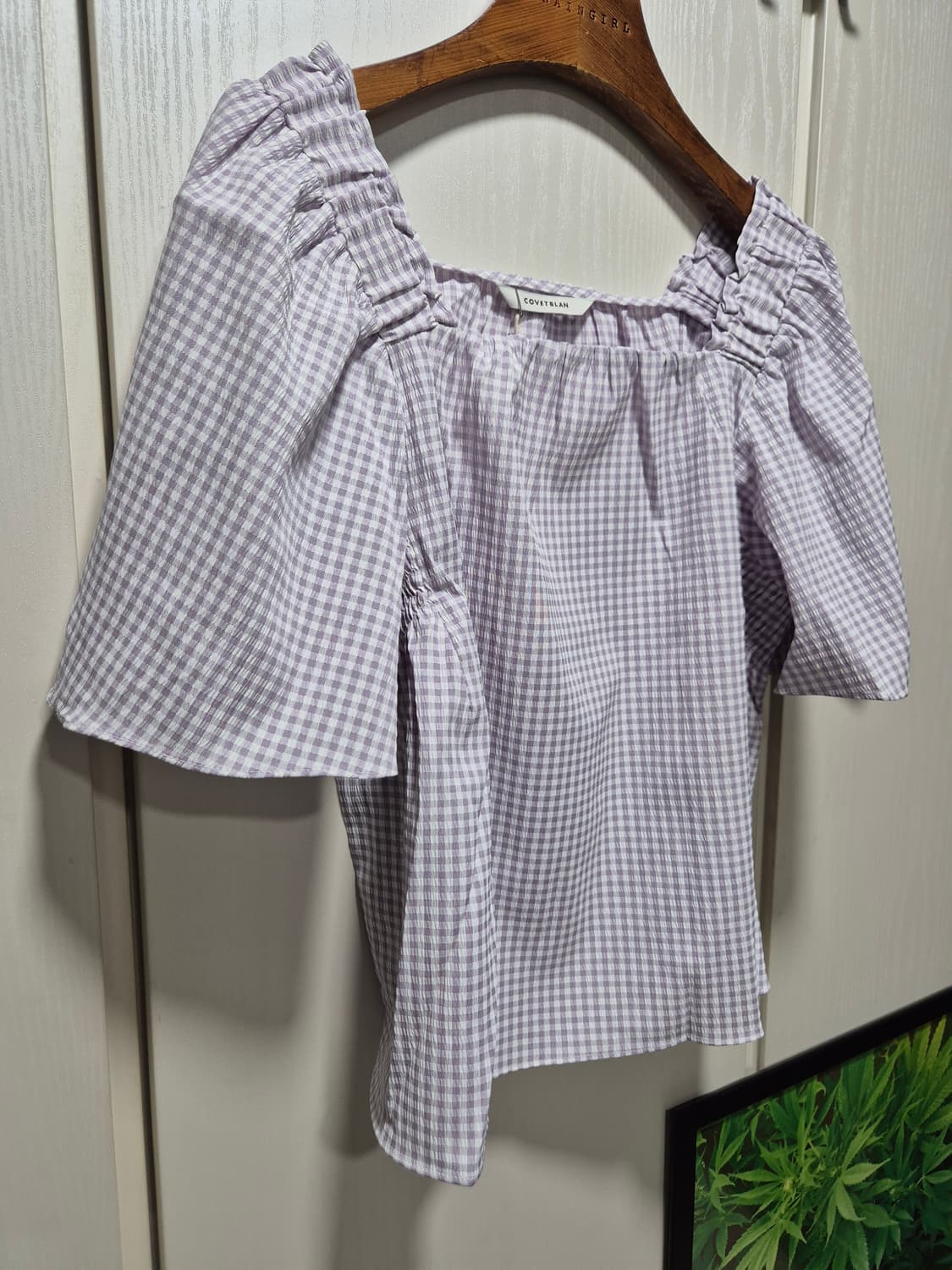 (세일)(새상품)코벳블랑 깅엄 체크 블라우스 퍼프 반팔 상품이미지3