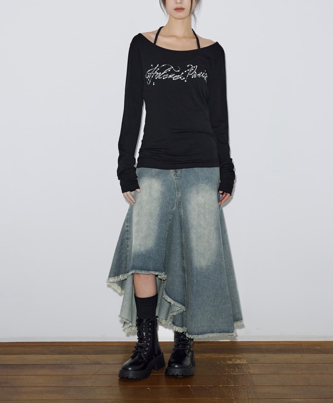 헬레네파리스 언벨런스 컷 오프 데님 롱 셔링 스커트 치마 상품이미지2