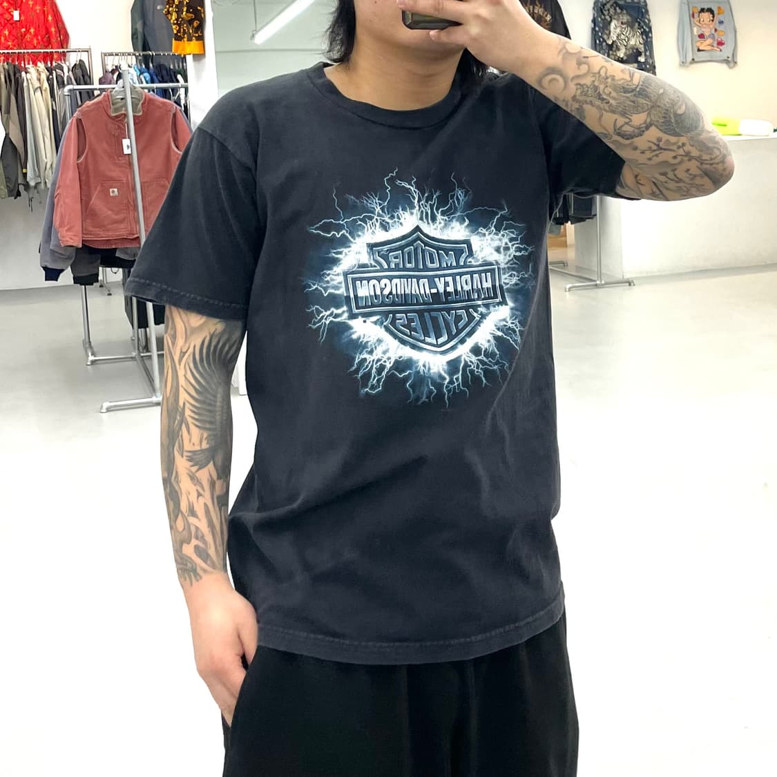 할리데이비슨 00s 라이트닝 번개 페이딩 빈티지 반팔 티셔츠 상품이미지1