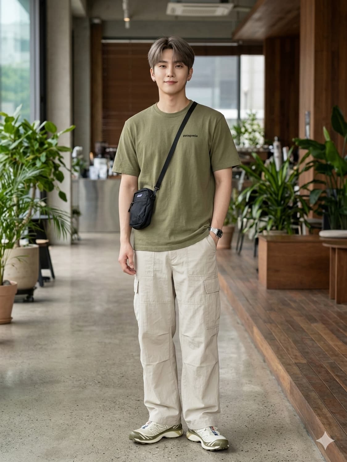 파타고니아 P-6 로고 오가닉 코튼 반팔 티셔츠 카키 상품이미지1