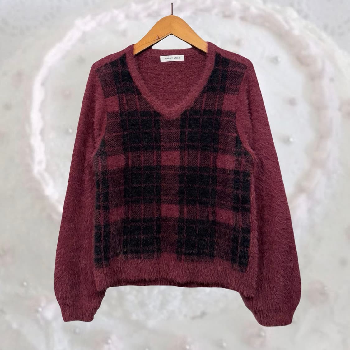 일본 빈티지 버건디 클래식 체크 프레피 브이넥 앙고라 퍼 니트 상품이미지2