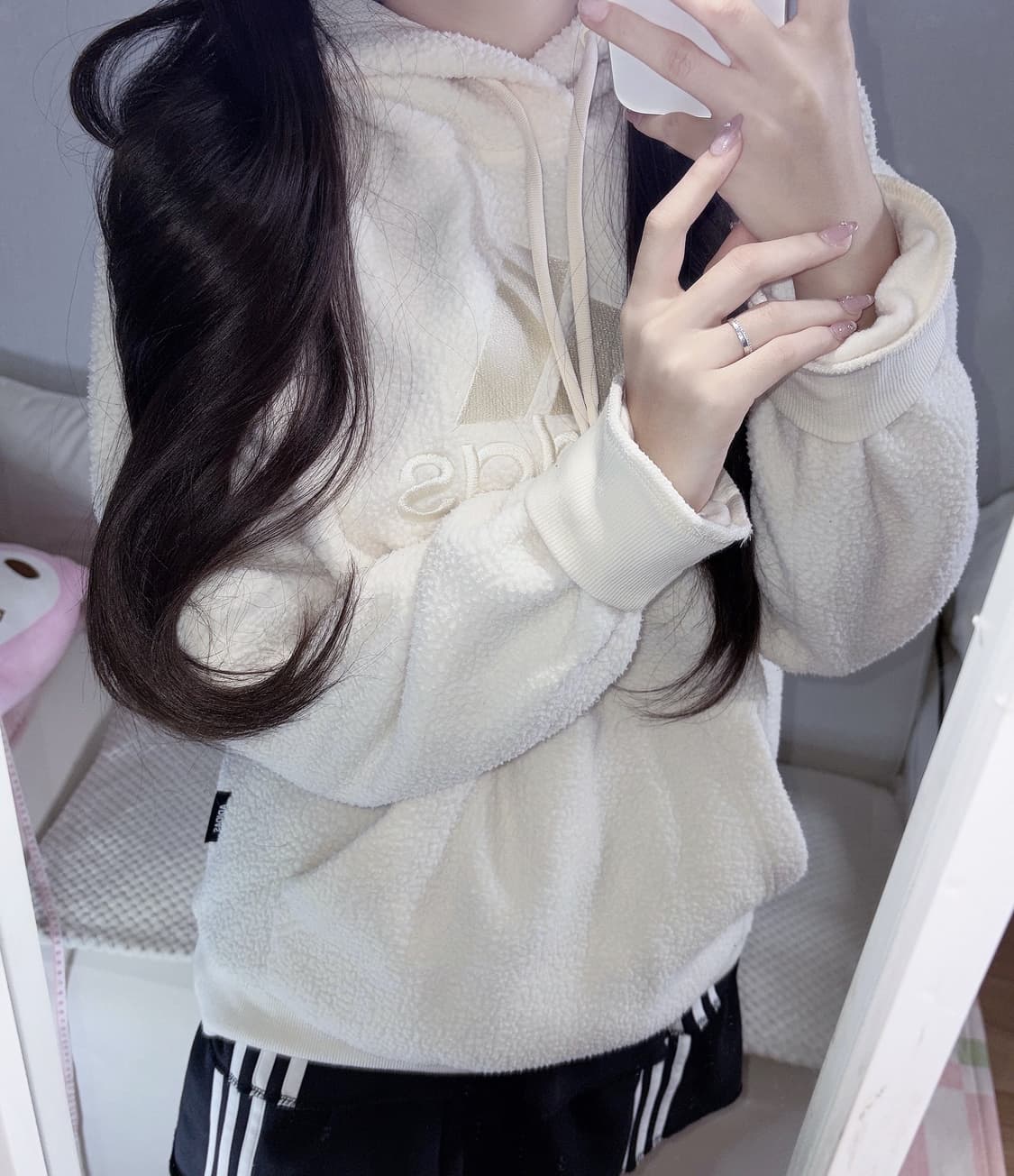 아디다스 화이트 양털 뽀글이 후드티 XL 상품이미지1