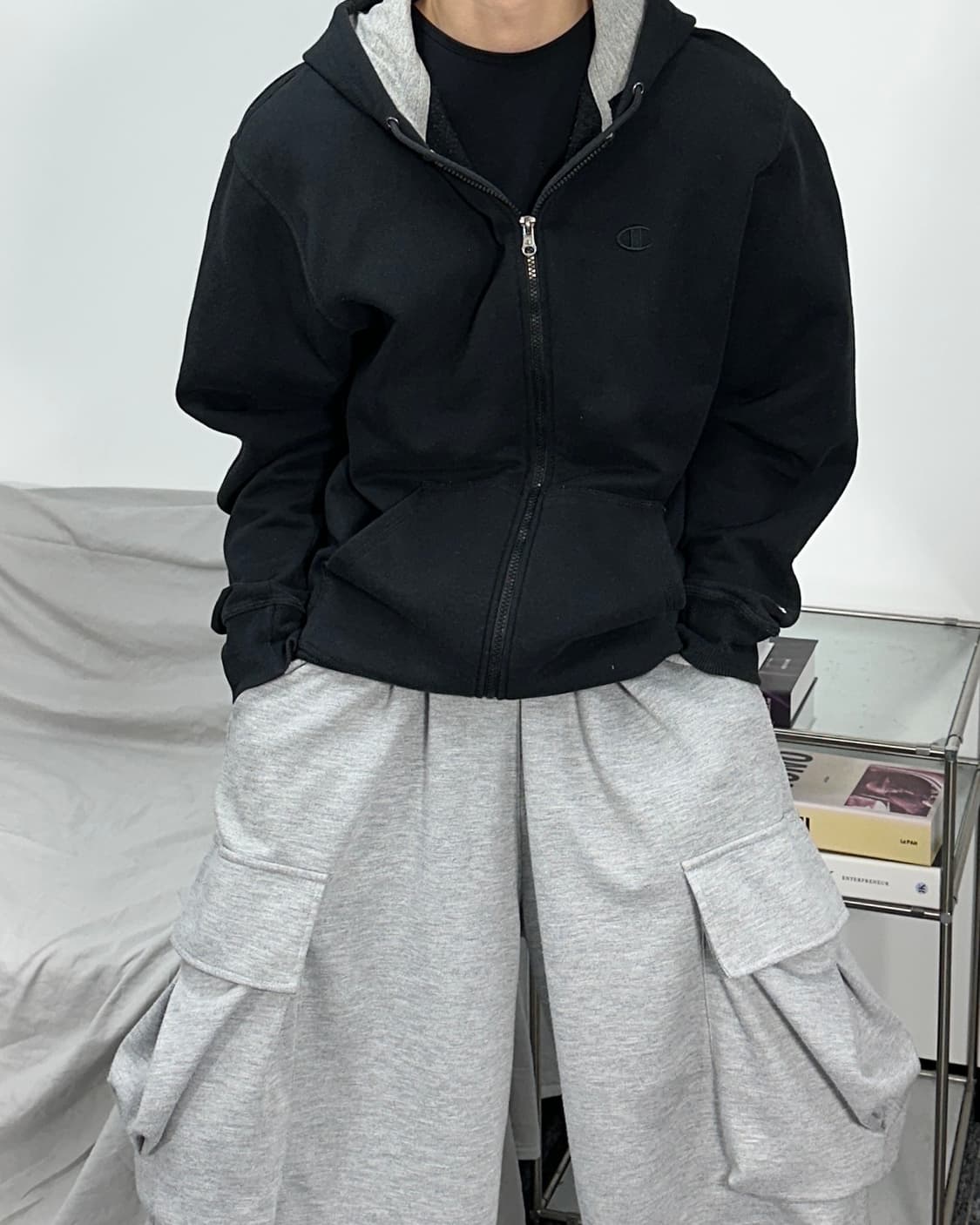 챔피온 자수로고 블랙 후드집업 XL 상품이미지1