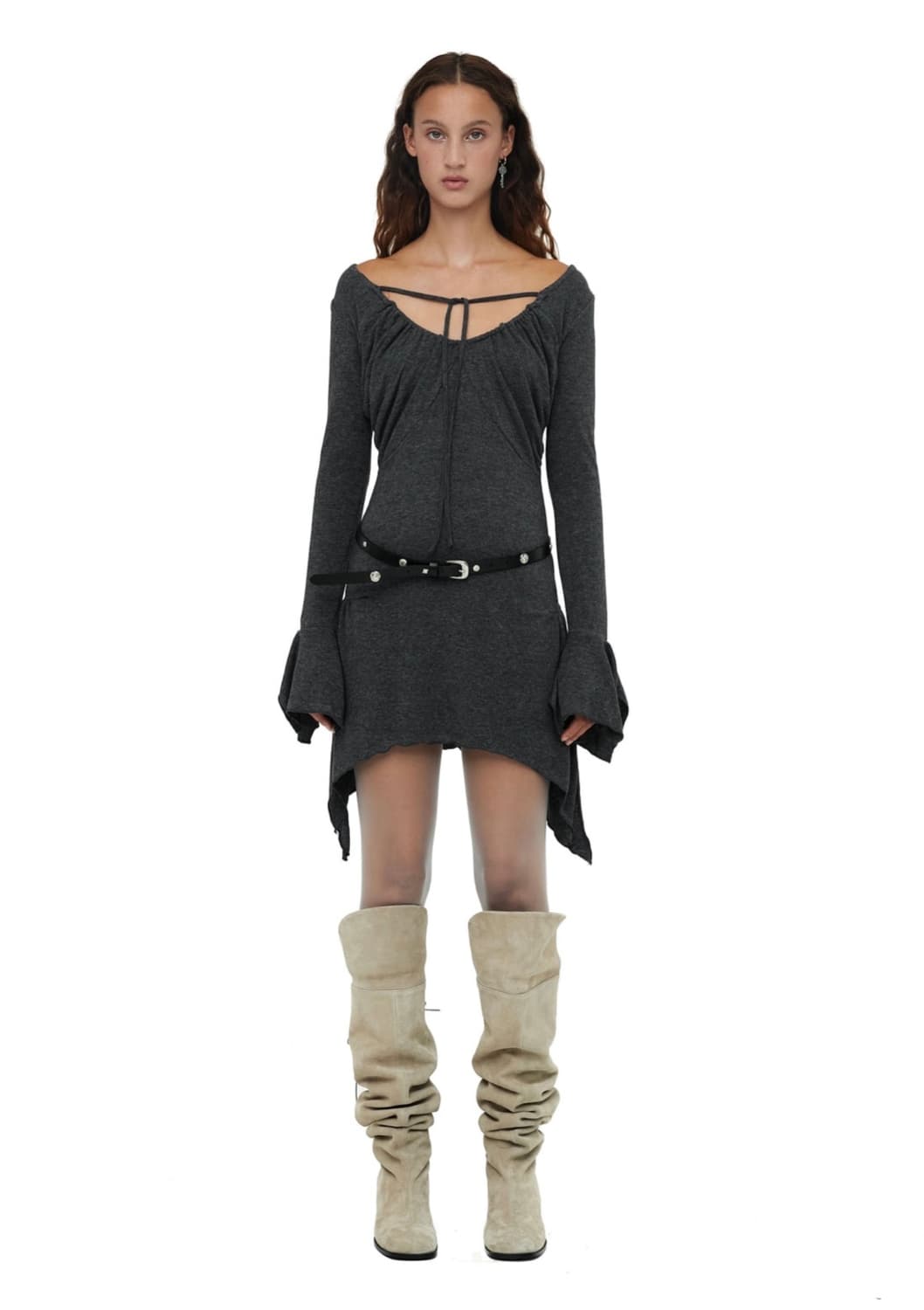 CERRIC SHIRRING SHEER MINI DRESS / 차콜 상품이미지2