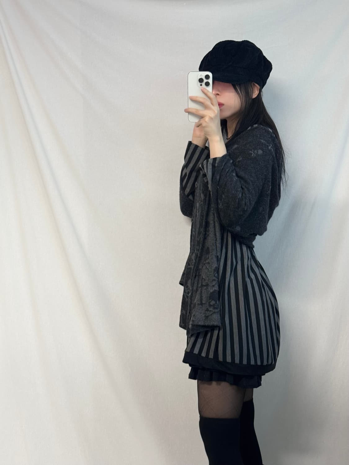 스컬 케이프 가디건 스트라이프 원피스 뉴스보이캡 3pcs SET 상품이미지3