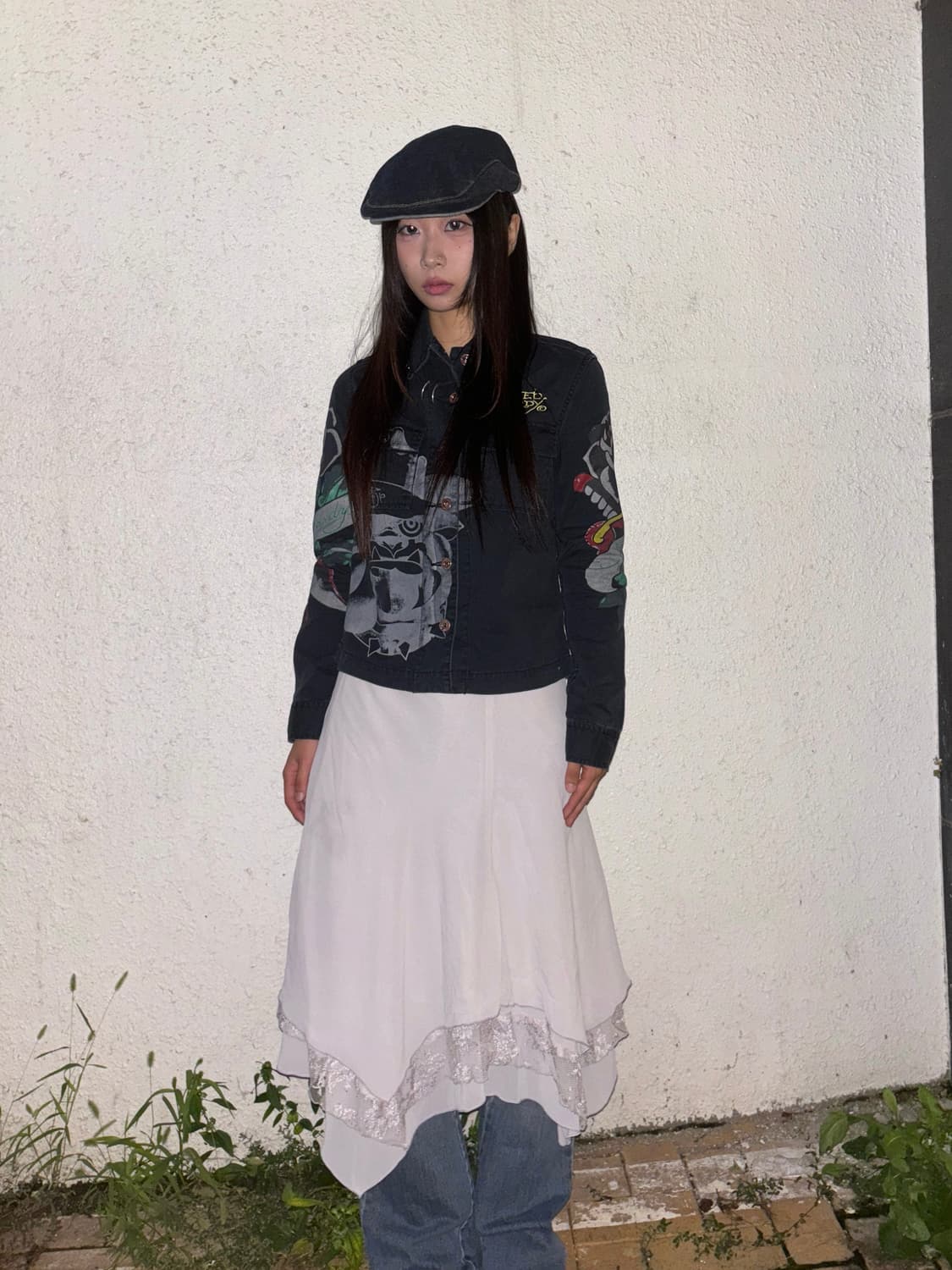 레이스 러플 레이어드 디테일 미디 스커트 상품이미지1