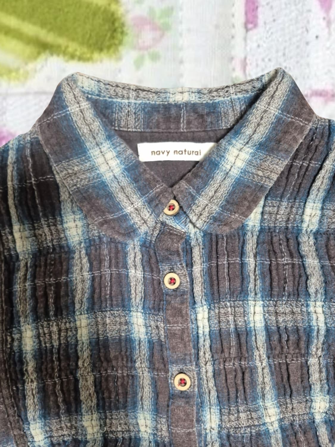 빈티지 모리걸 모리노가토 체크 셔링 셔츠 블라우스 우드단추 상품이미지3