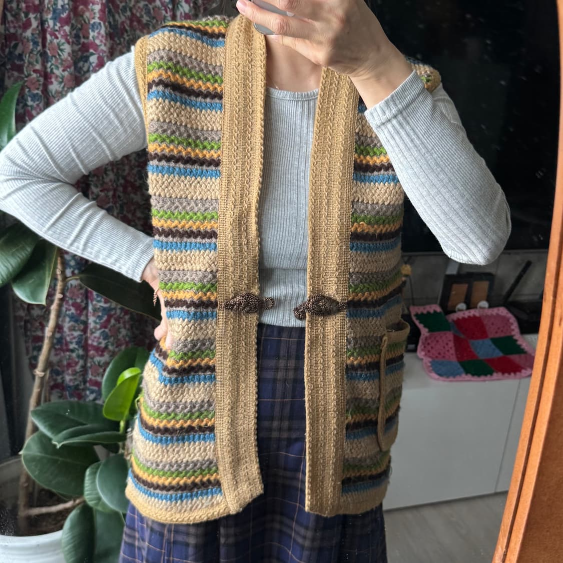 베이지 컬러믹스 빈티지 니트 조끼 베스트 상품이미지5