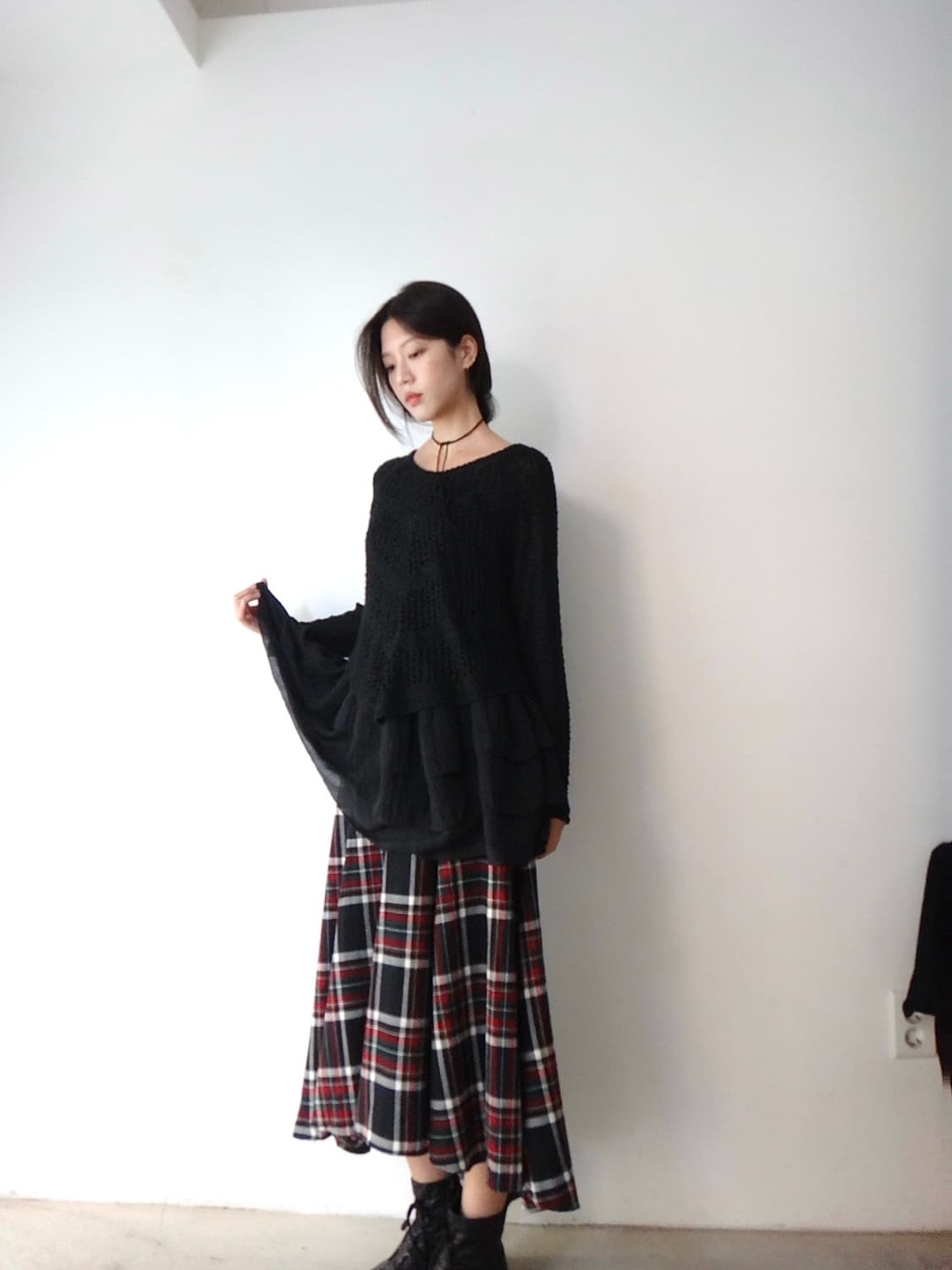 Check ruffle long skirt / red & green 상품이미지4