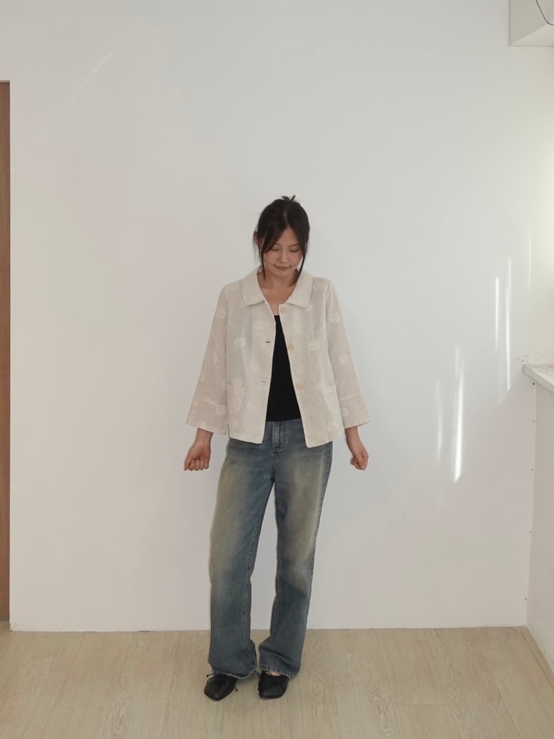 도트 7부 빈티지 린넨자켓 상품이미지4