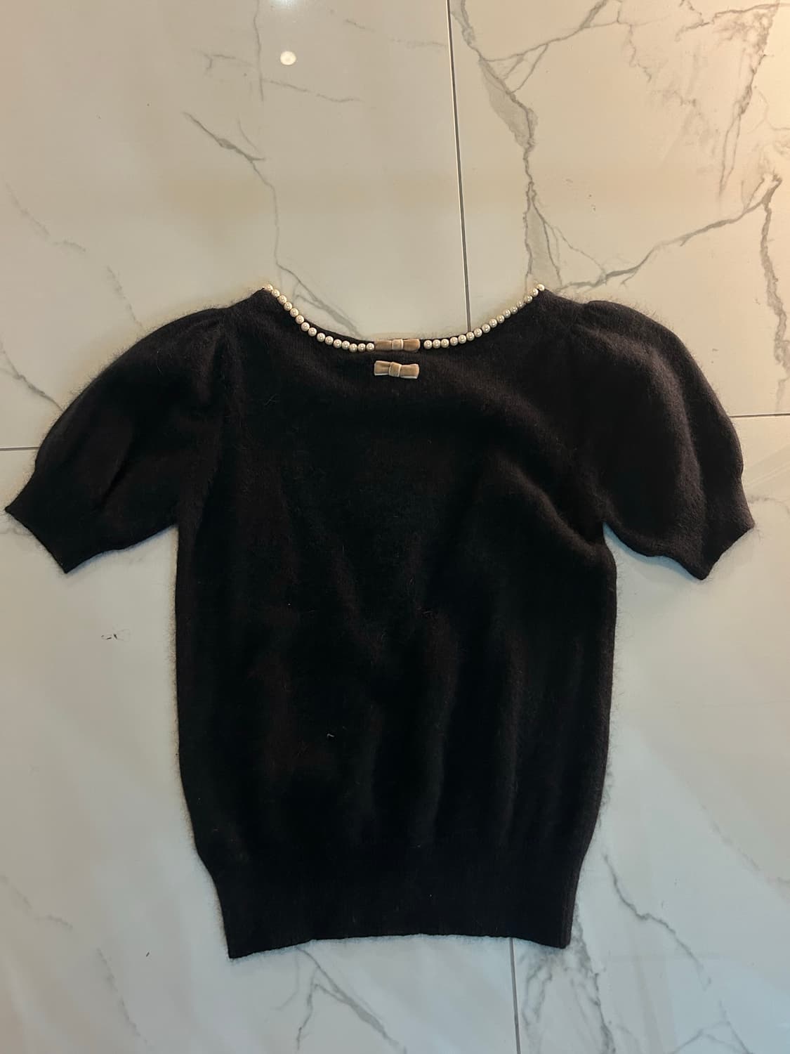 갸루 러블리 진주넥 리본 반팔 블랙 니트 상품이미지4