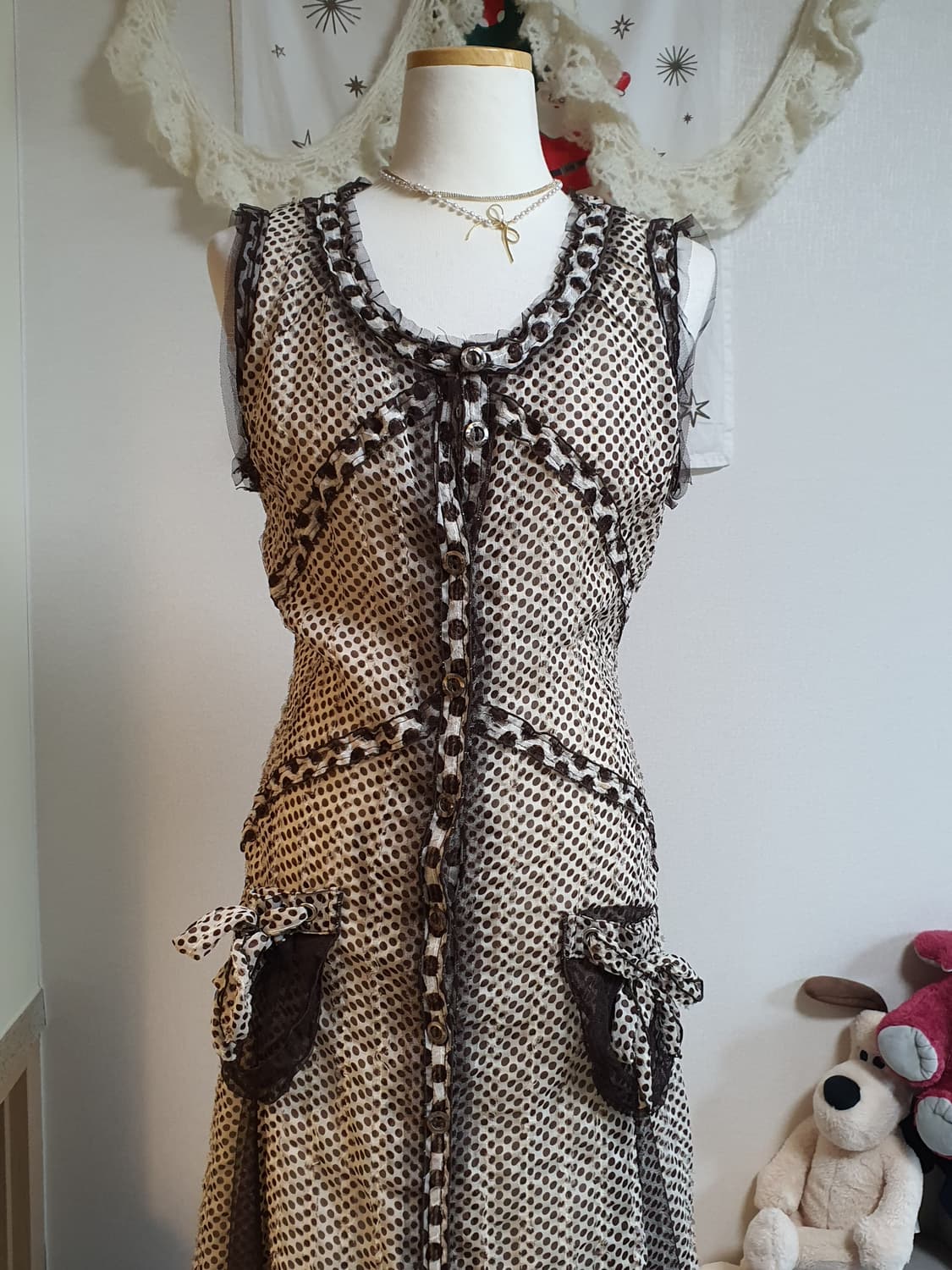 [갸루] 빈티지 도트 무늬 민소매 원피스 상품이미지1