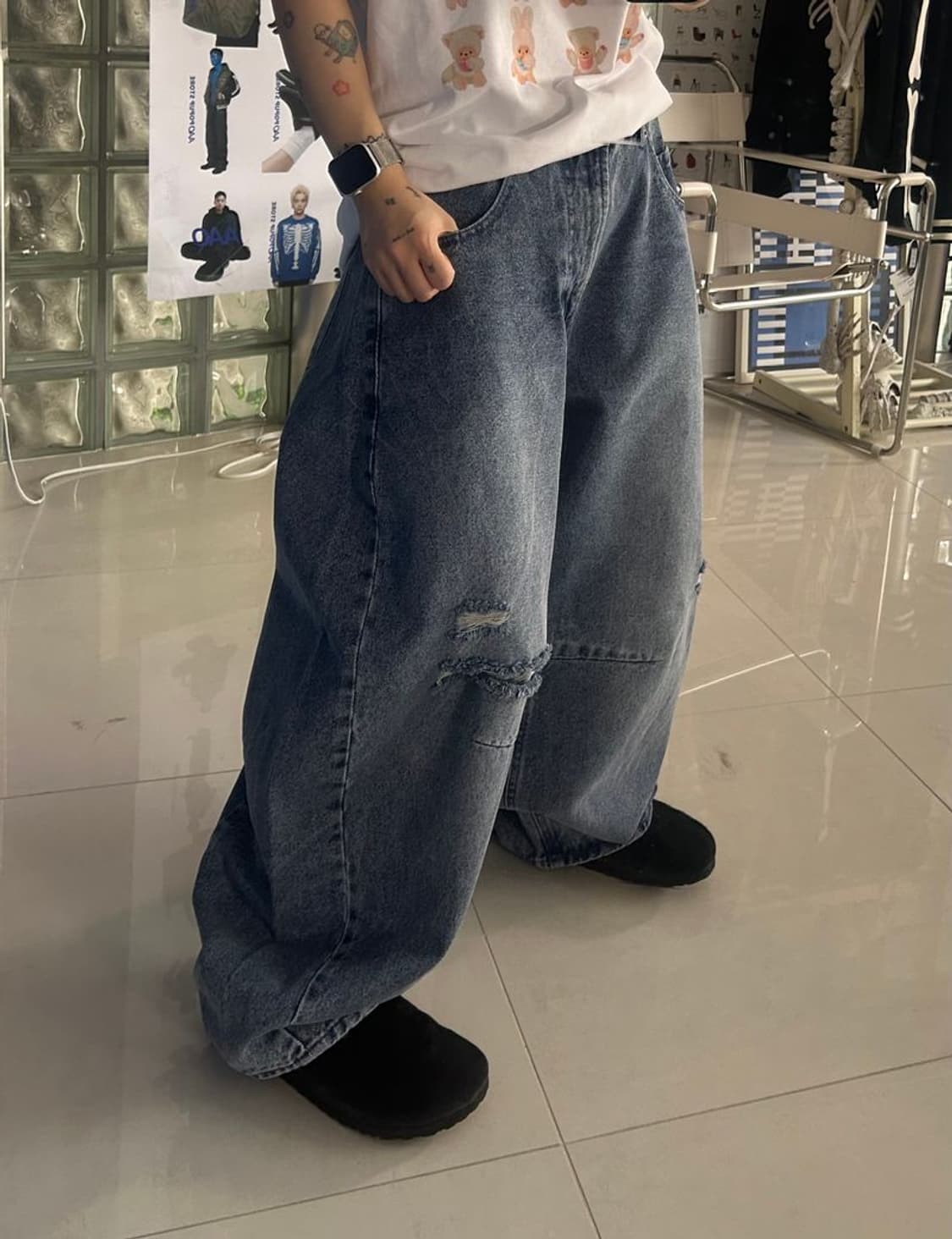 SILHOUETTE CUR 와이드 실루엣 커브 데미지 데님 팬츠 상품이미지1