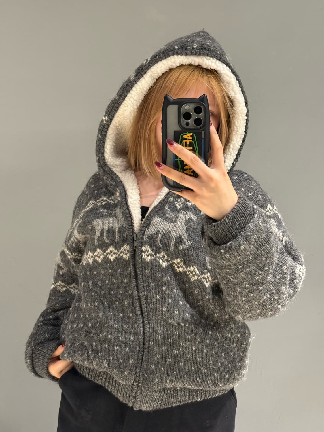nordic pattern sherpa knit hood zip-up 상품이미지4