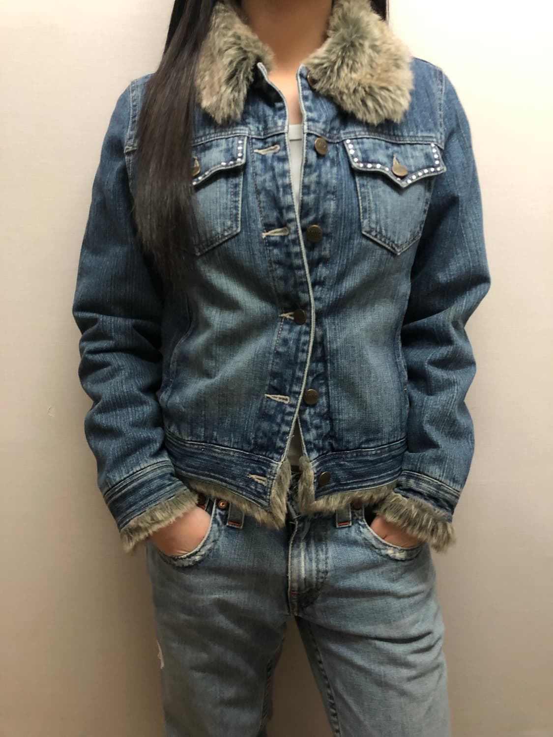 빈티지 데님 큐빅 퍼 자켓 상품이미지8