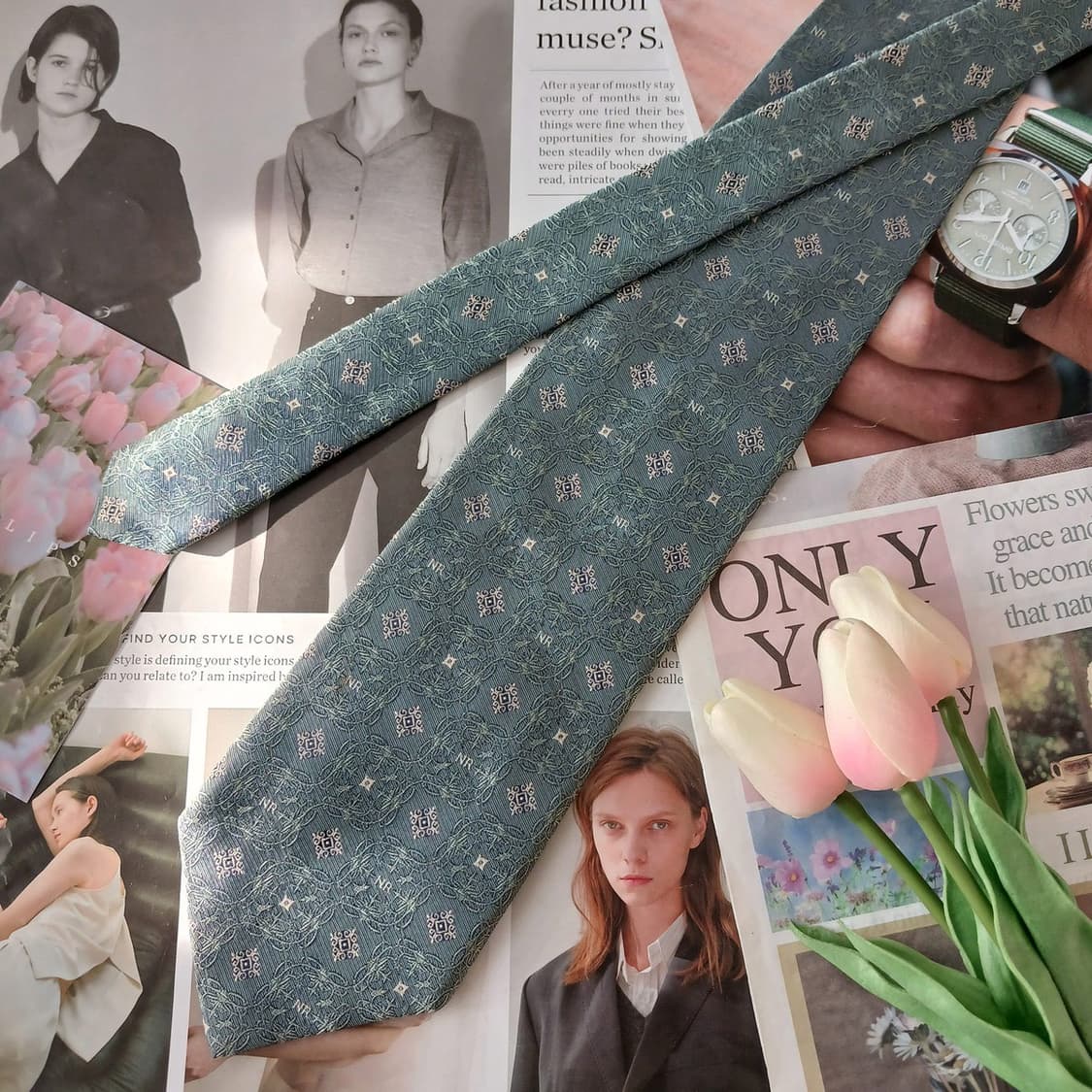 니나리치 실크 그린 패턴 넥타이 10cm A등급 A19427
 상품이미지3