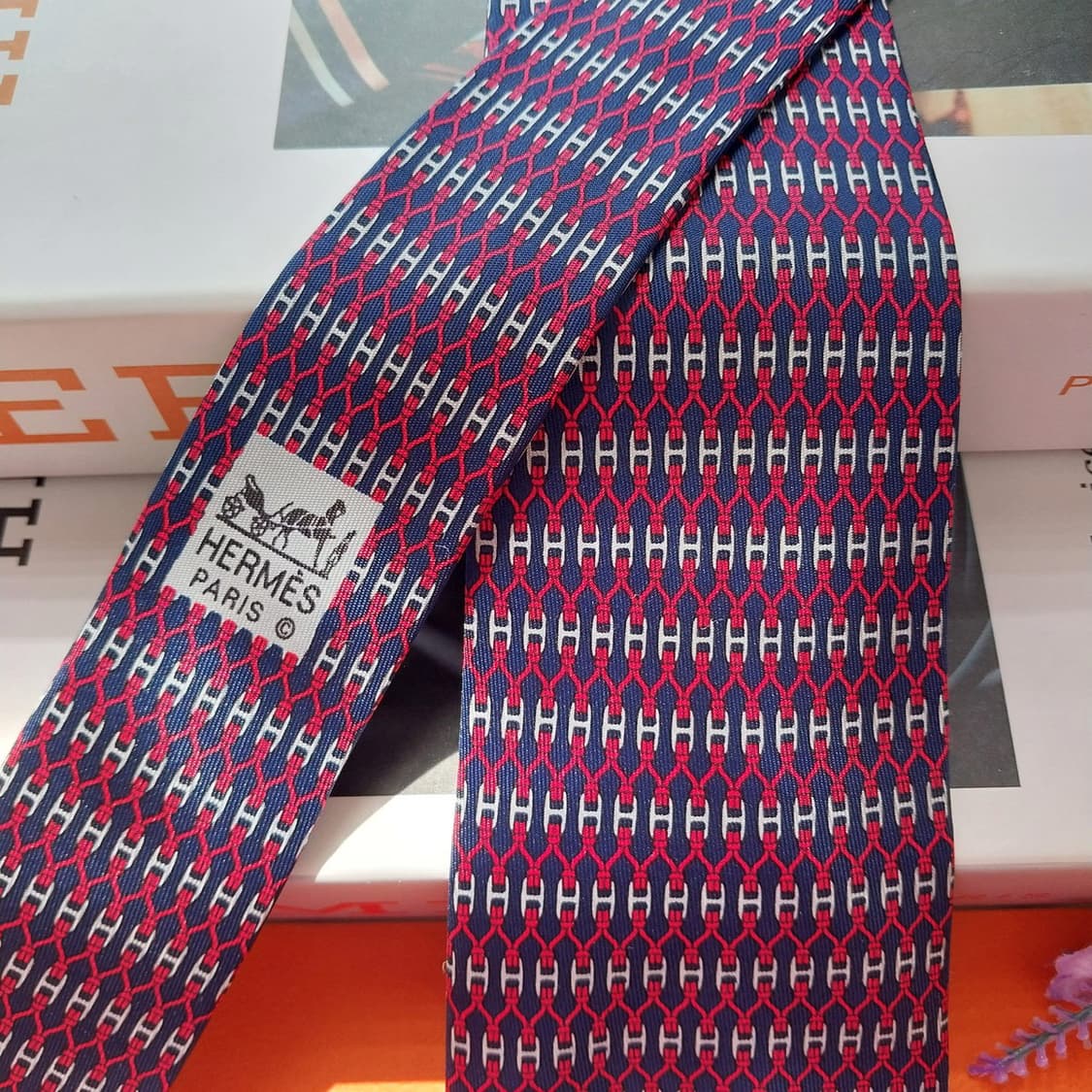 에르메스 실크 네이비 H 패턴 넥타이 8.2cm S~A+등급 K2549 상품이미지4
