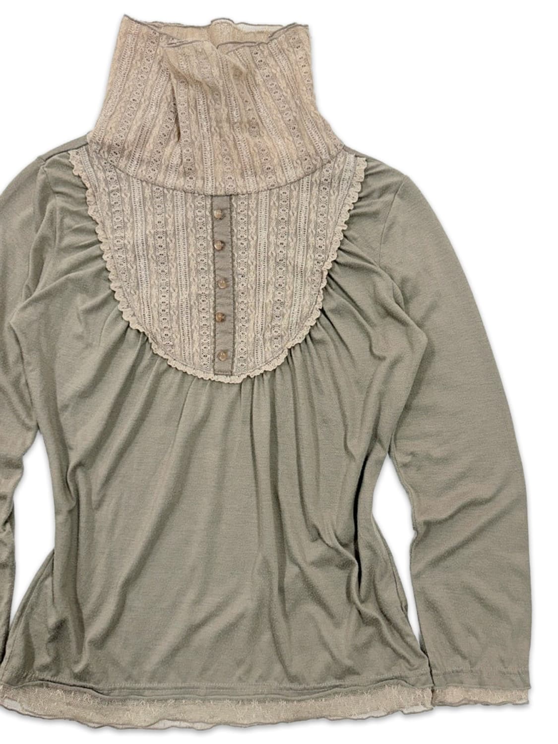 빈티지 베이지 카키 레이스 레이어드 긴팔티 상품이미지2