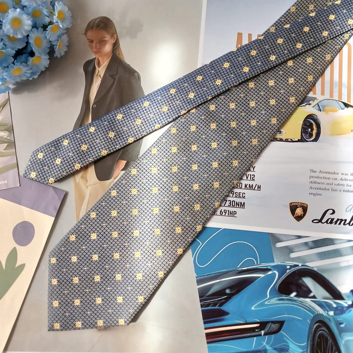 발렌티노 실크 네이비 플라워 패턴 넥타이 9.6cm A등급 A19841 상품이미지4