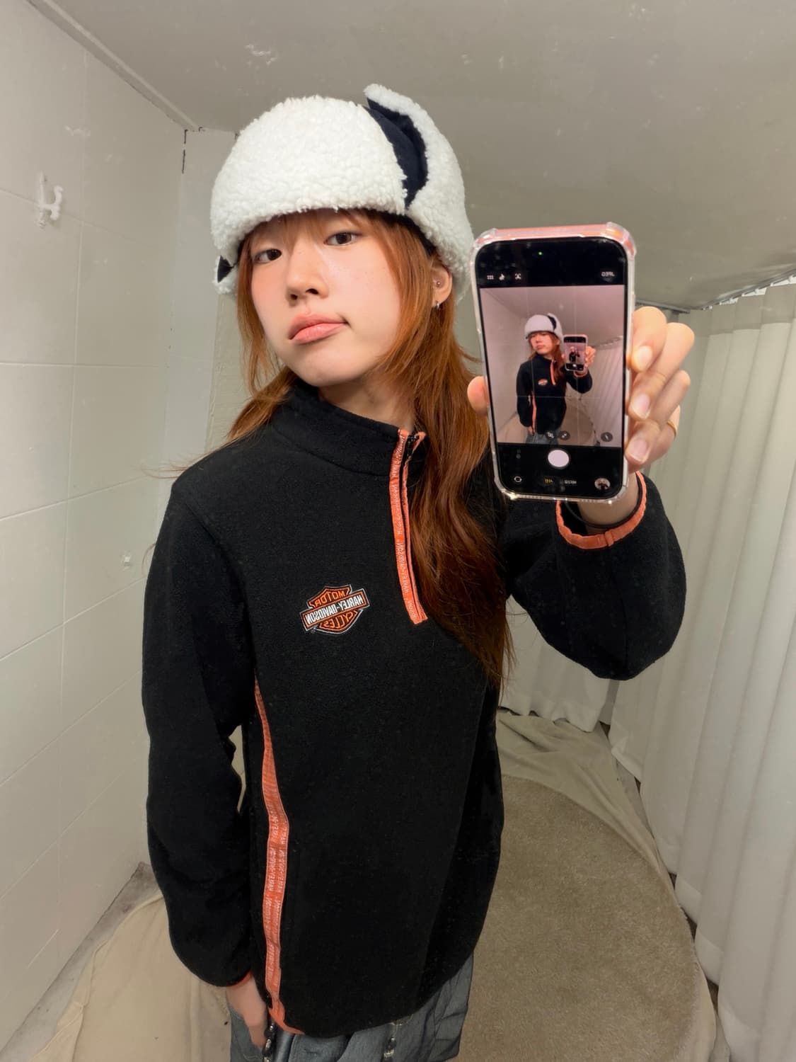 할리데이비슨 오렌지 바인딩 후리스 반집업 상품이미지1