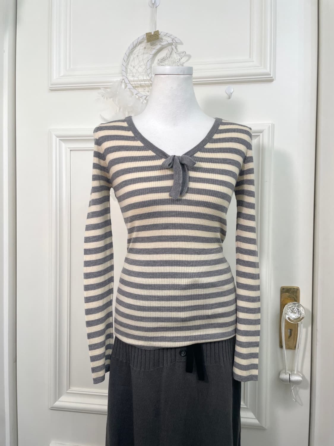 IENA ivory gray stripe bow point wool sl 상품이미지1