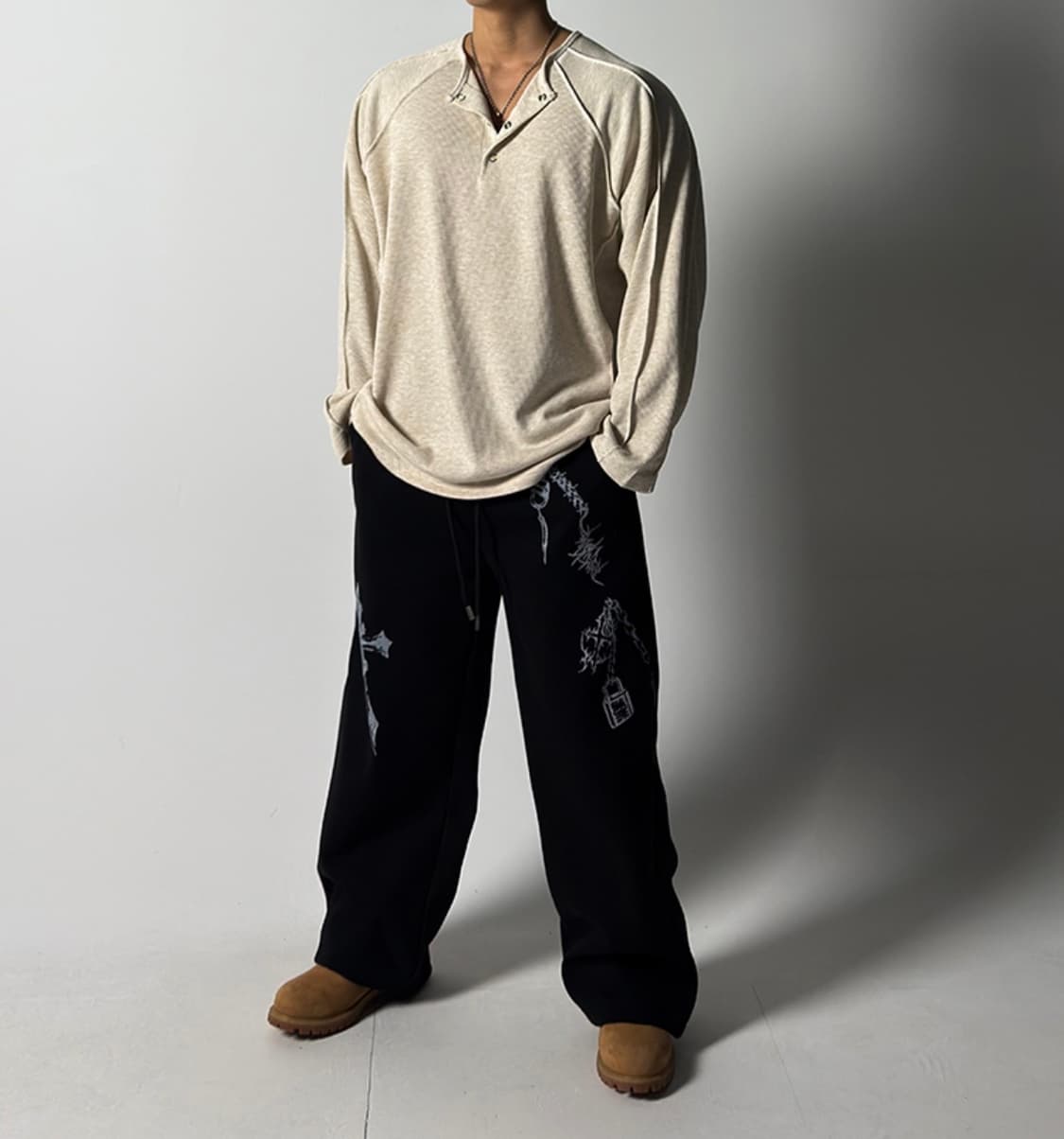 빅사이즈 골지 데끼 헨리넥 레글런 긴팔 티셔츠 상품이미지1