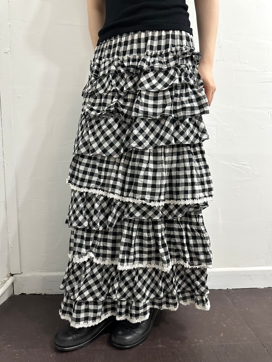 pink house check layered long skirt 상품이미지2