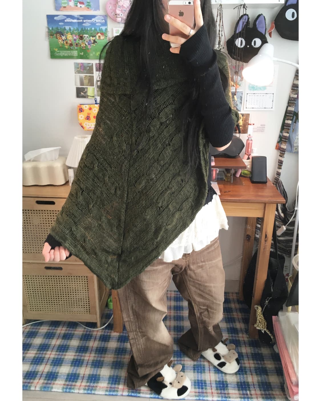 vintage cable knit turtleneck cape khaki 상품이미지4