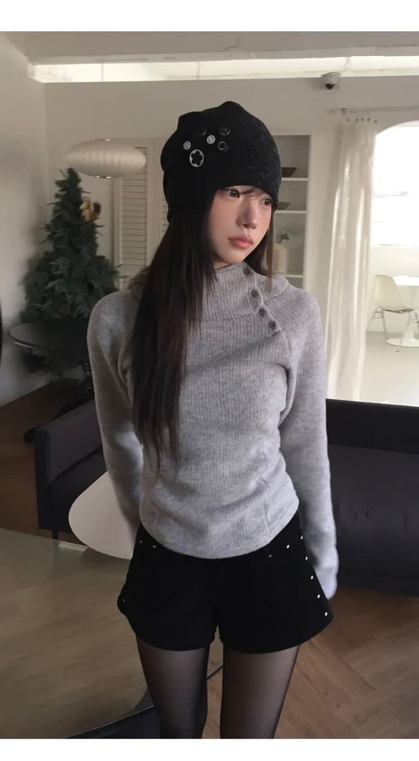 모디무드 후린 기모 하이넥 골지 후드 니트 그레이, 베이지, 차콜 상품이미지1