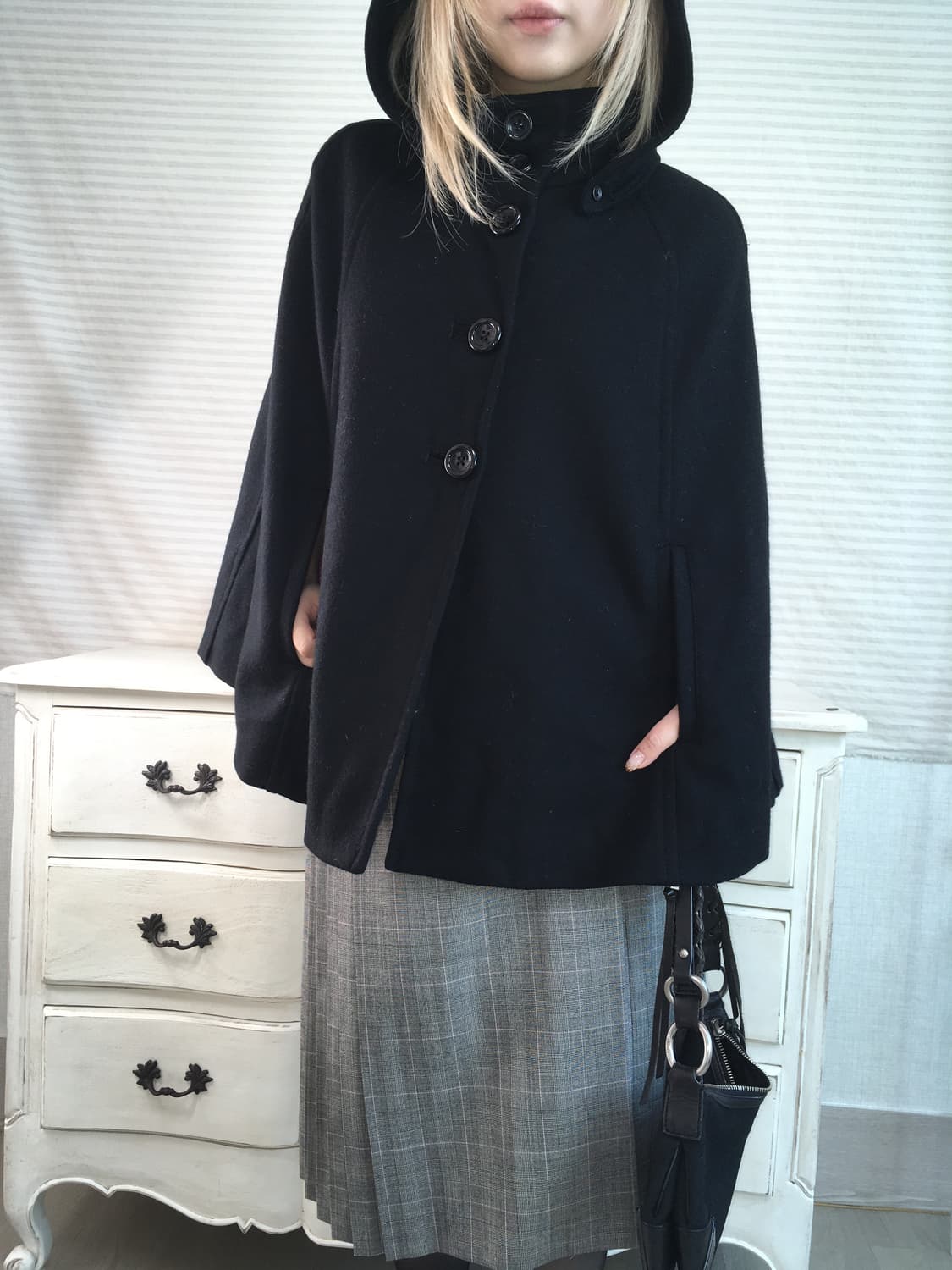 일본빈티지 블랙 케이프 울 후드 코트 상품이미지6