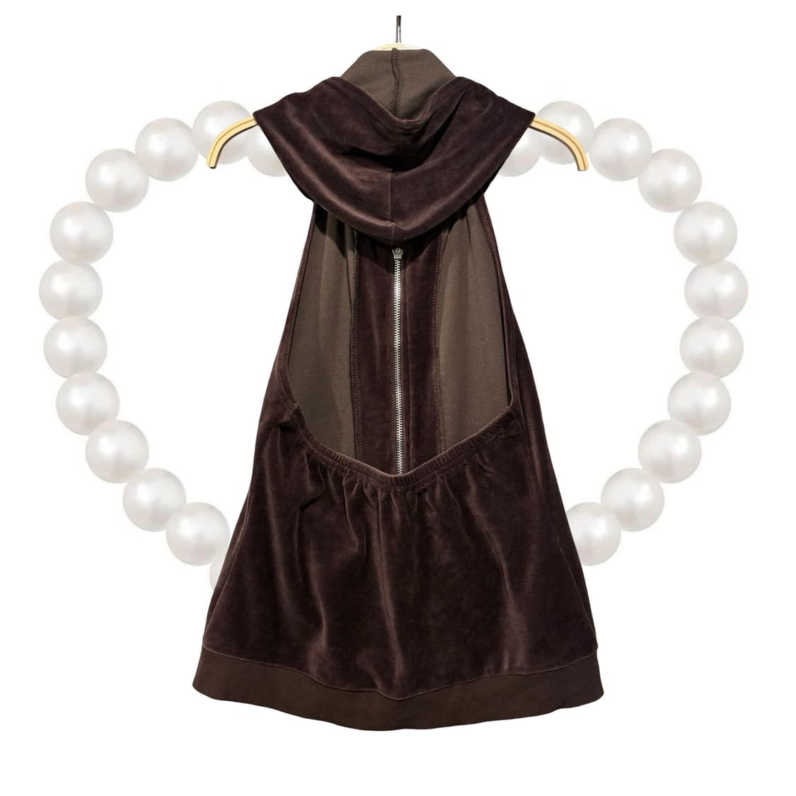 일본 빈티지 브라운 벨벳 홀터넥 슬리브리스 백리스 후드집업 갸루 y2k 상품이미지6