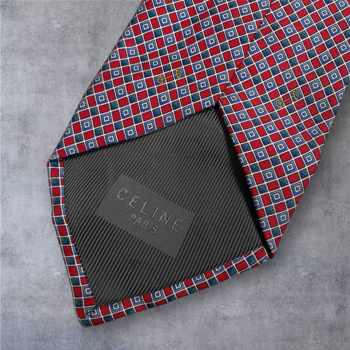 셀린느 Celine 레드 네이비 기하학 패턴 실크 넥타이 상품이미지4