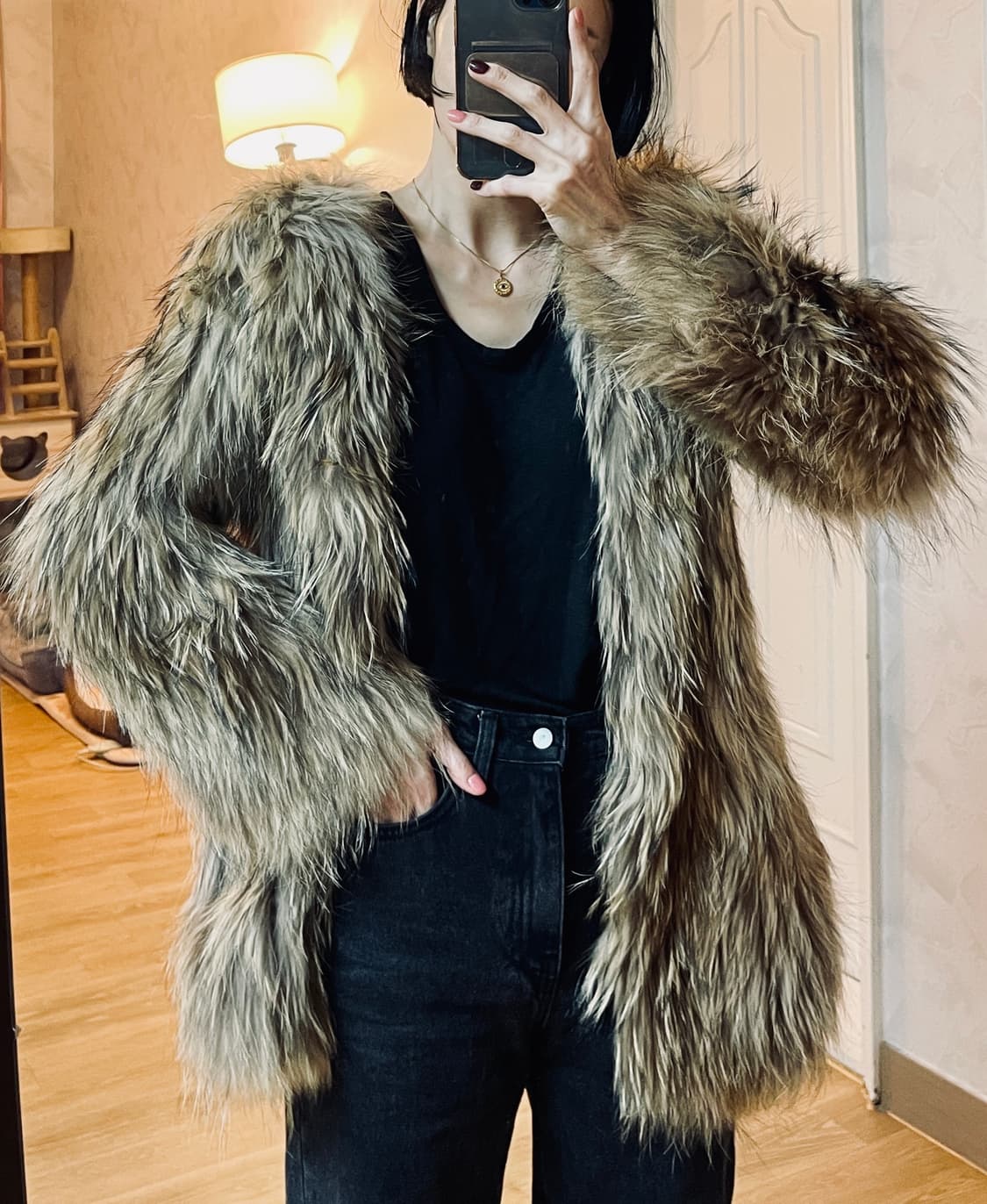 리얼 라쿤퍼 니팅 후드자켓 (S~M) 상품이미지1