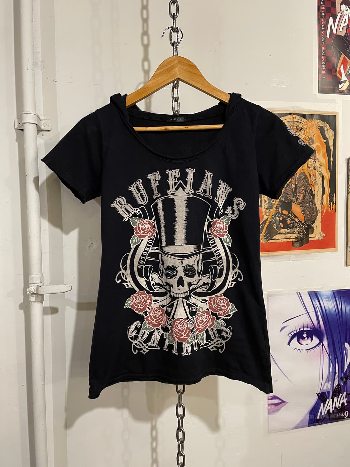 cornflake 스컬 프린트 블랙 후드 반팔 티셔츠 펑크 상품이미지5