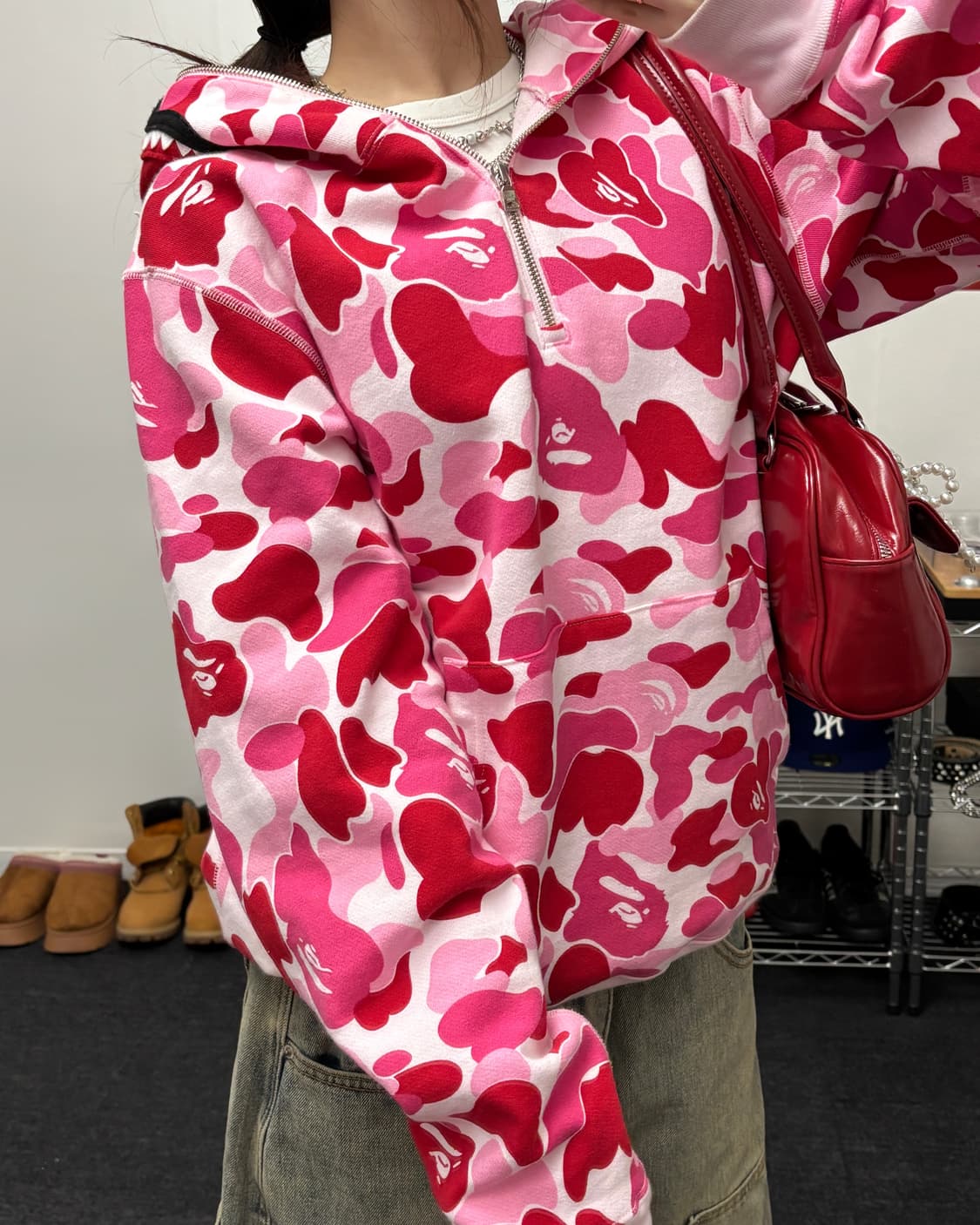 베이프 ABC 핑크 카모 샤크 하프집업 후디 상품이미지2