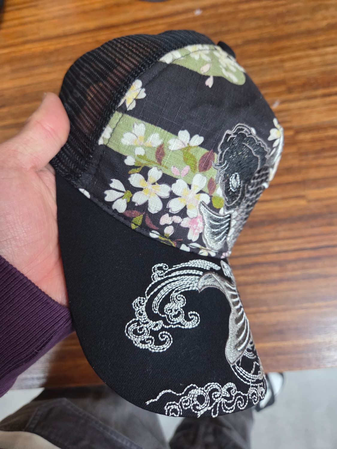 빈티지 저팬 리플 비단잉어 자수 벛꽃 프린팅 메쉬 스카쟌 모자 프리 상품이미지6