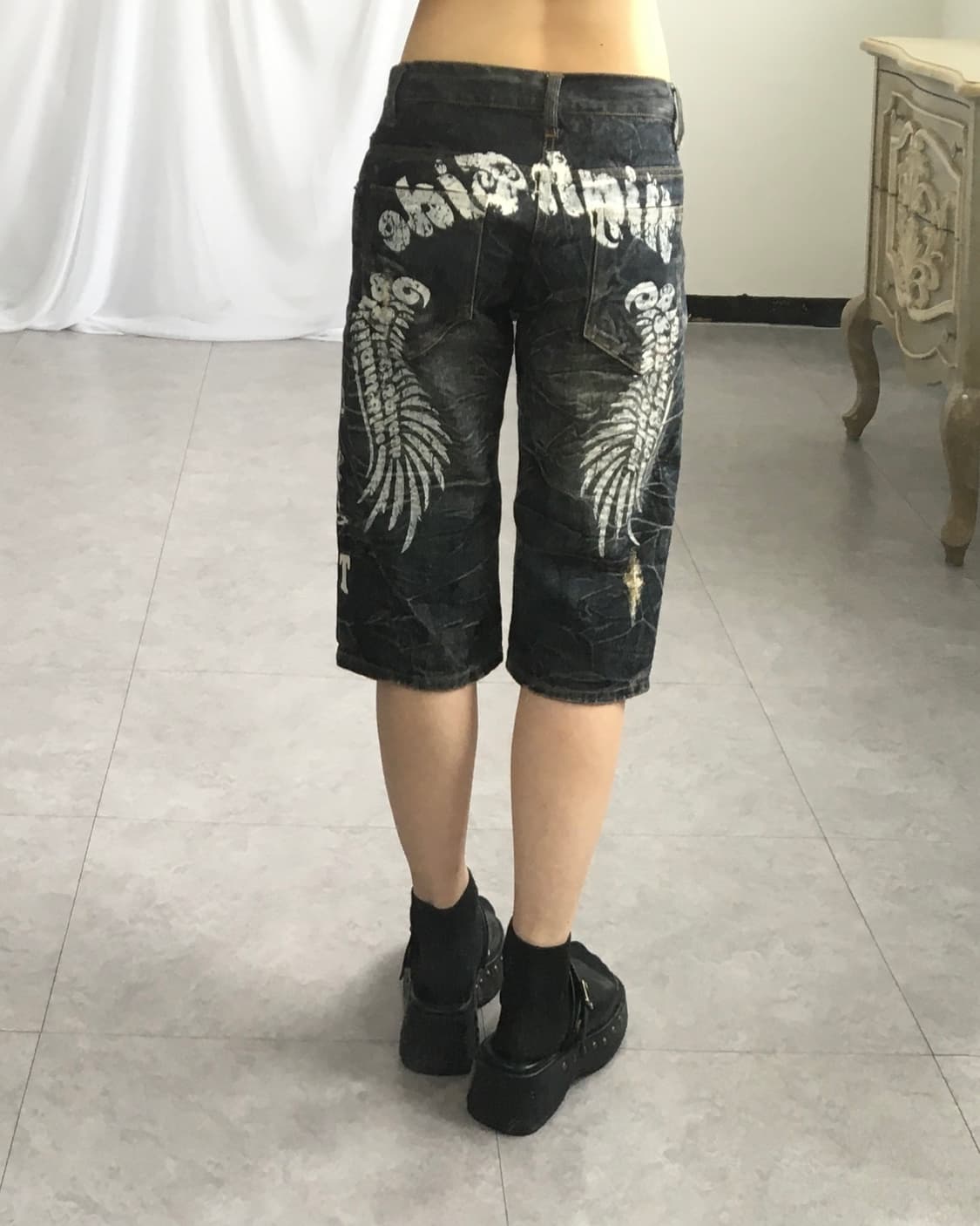 Back wing printing washing half denim pa 상품이미지1