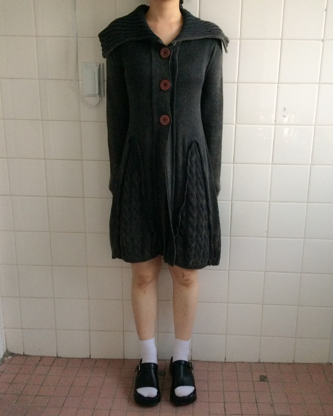 Cable pattern mixed wide collar knit car 상품이미지1