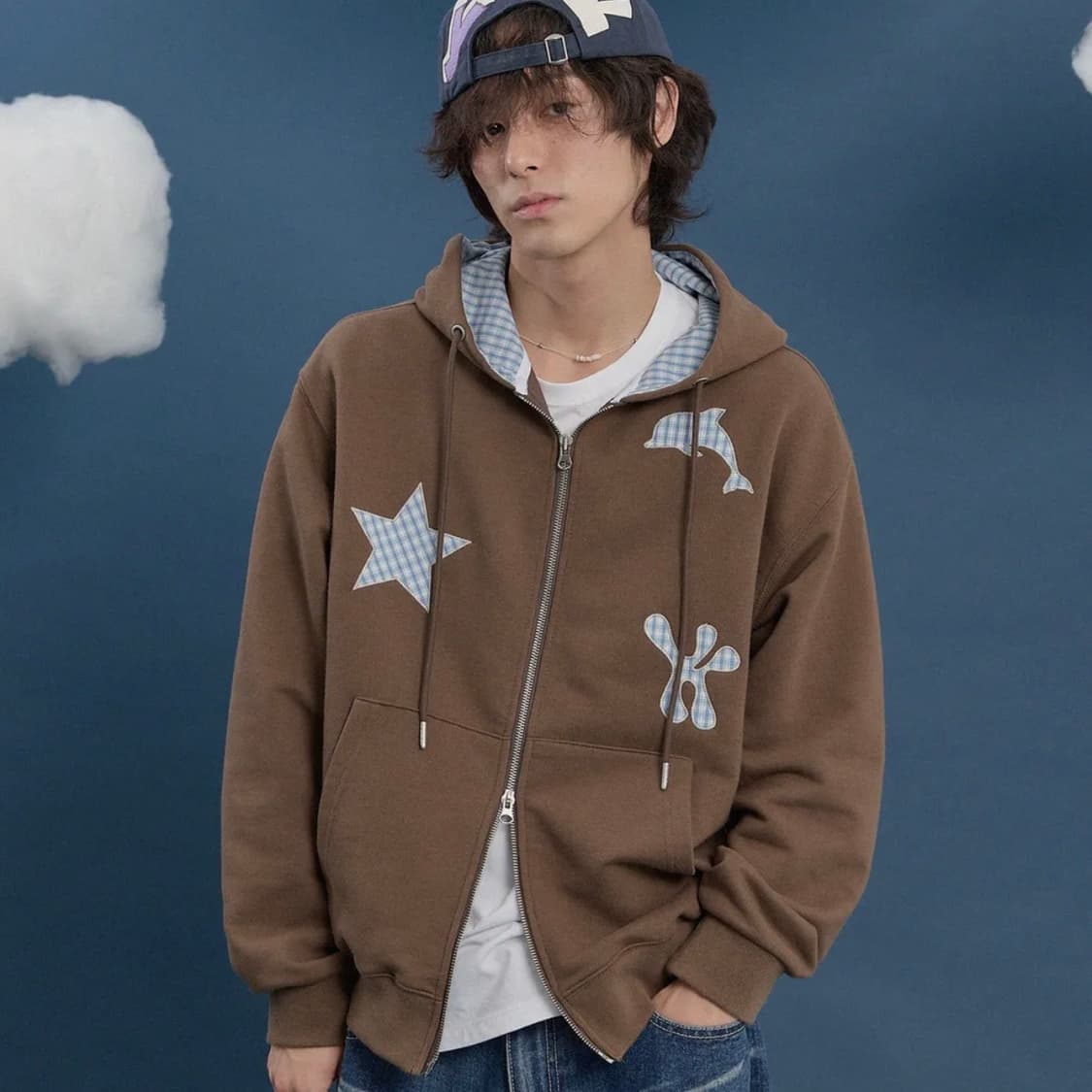 와이케이 스타 돌핀 체크 아플리케 후드 집업 브라운 상품이미지3