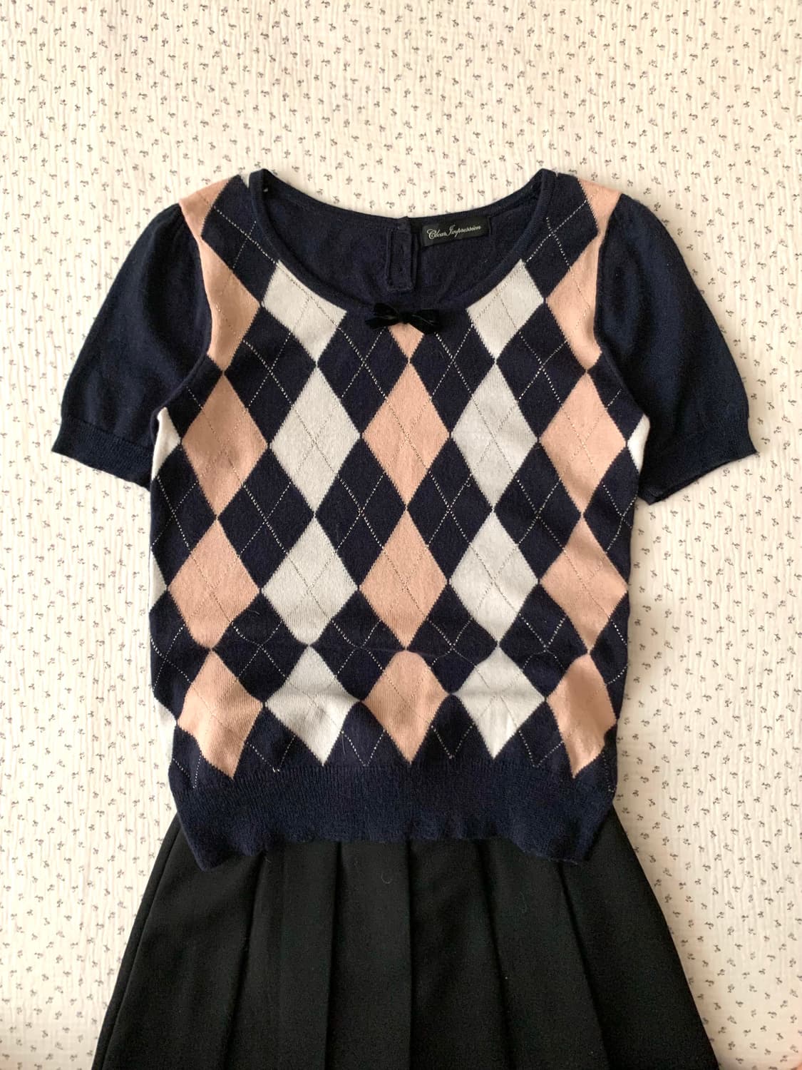 아가일 리본 퍼프 반팔 니트 상품이미지2