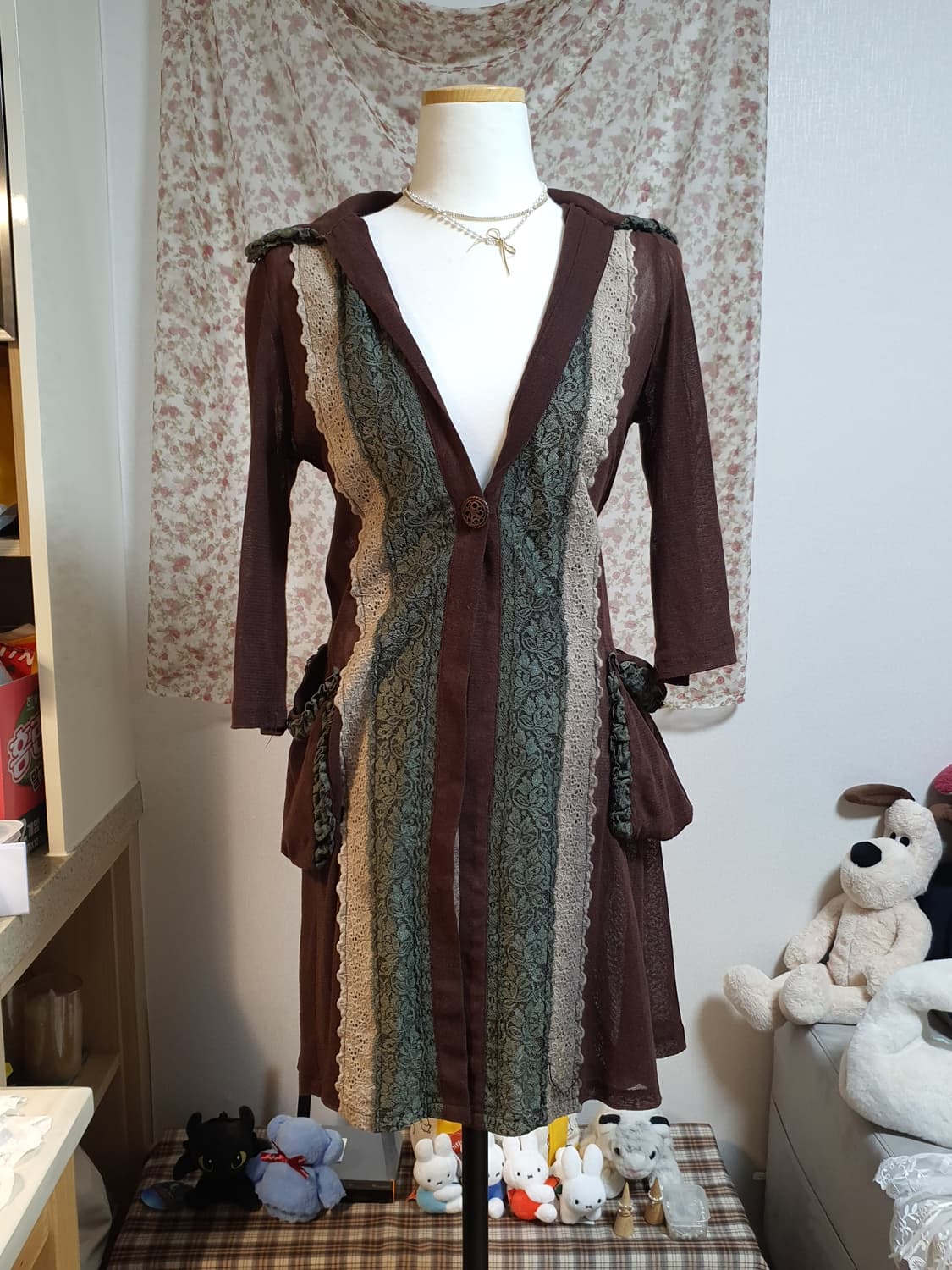 [빈티지] 페니스넥 레이스 장식 브라운 가디건 상품이미지1